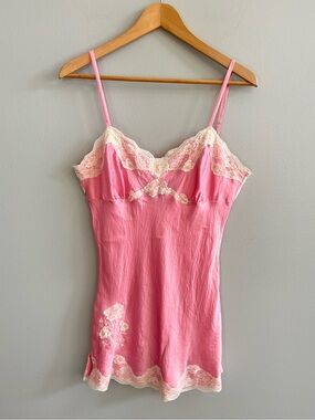 Y2K Vintage Express Silk Pink Camisole Babydoll Slip Dress Size M Lace Trim